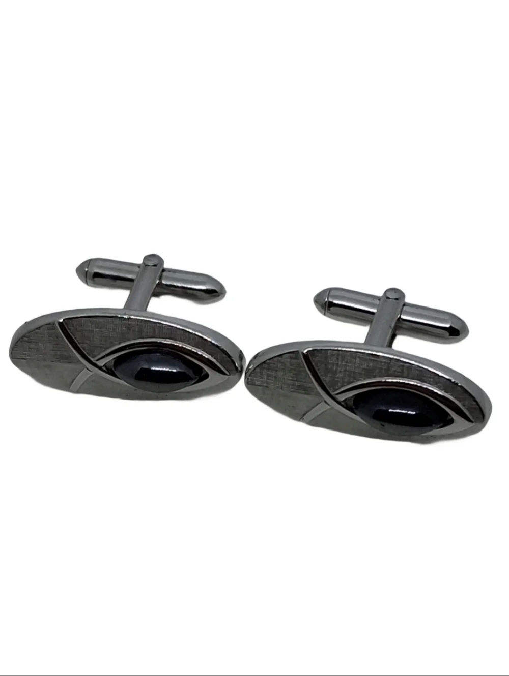 SWANK Vintage Brushed Silver Tone Jesus Fish Cufflinks Hematite Cabochon